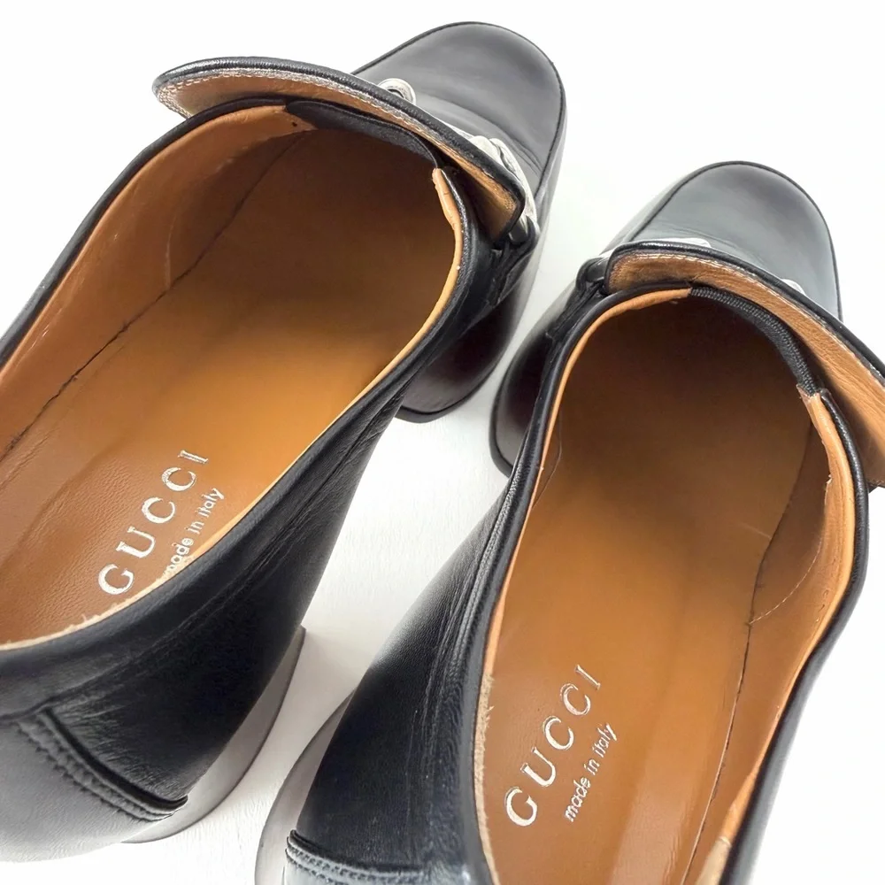 GUCCI | Black Leather Horsebit Platform Loafers Block Heel EU 37.5‎